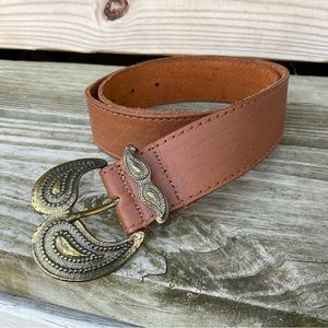 VTG Leather Belt Paisley Brass Color Buckle USA Made Top Grain Scrollwork M